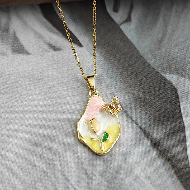 Wholesale Retro Oil Painting Style Flower Butterfly Necklace Accessories for Women, Accessible Luxury Elegant, High-End Clavicle Chain, Exquisite and Versatile Jewelry